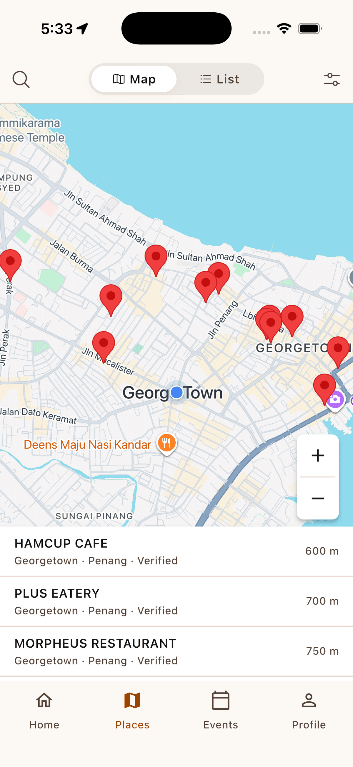 PetOK map showing verified pet-friendly places in George Town