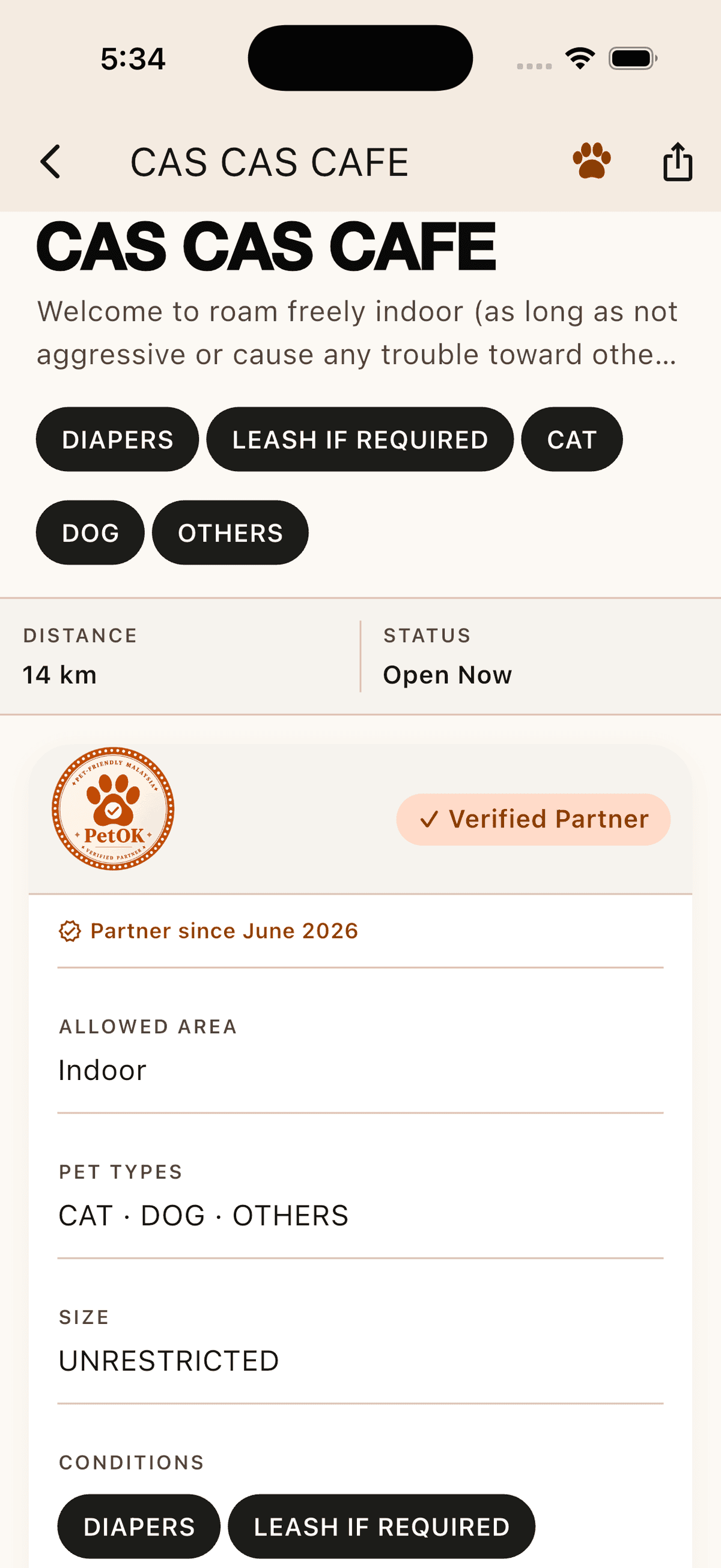 PetOK policy card showing allowed areas, pet types, size limits, conditions, and verification